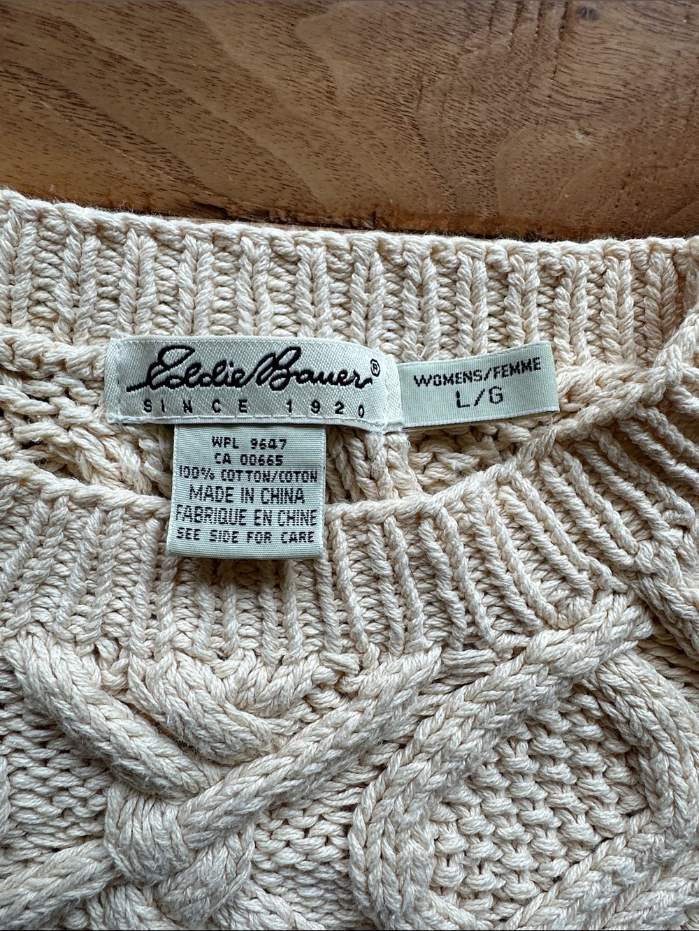 Vtg Eddie Bauer butter yellow fisherman core cable knit sweater Sz large - Picture 2 of 4